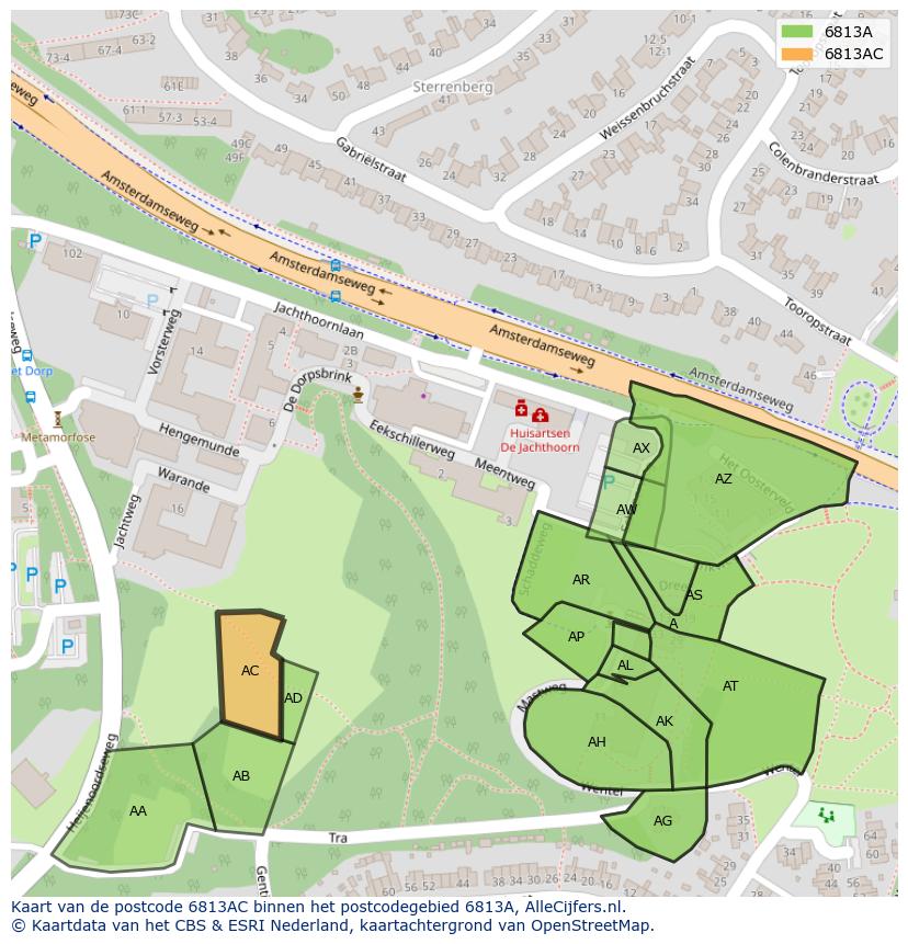 Afbeelding van het postcodegebied 6813 AC op de kaart.