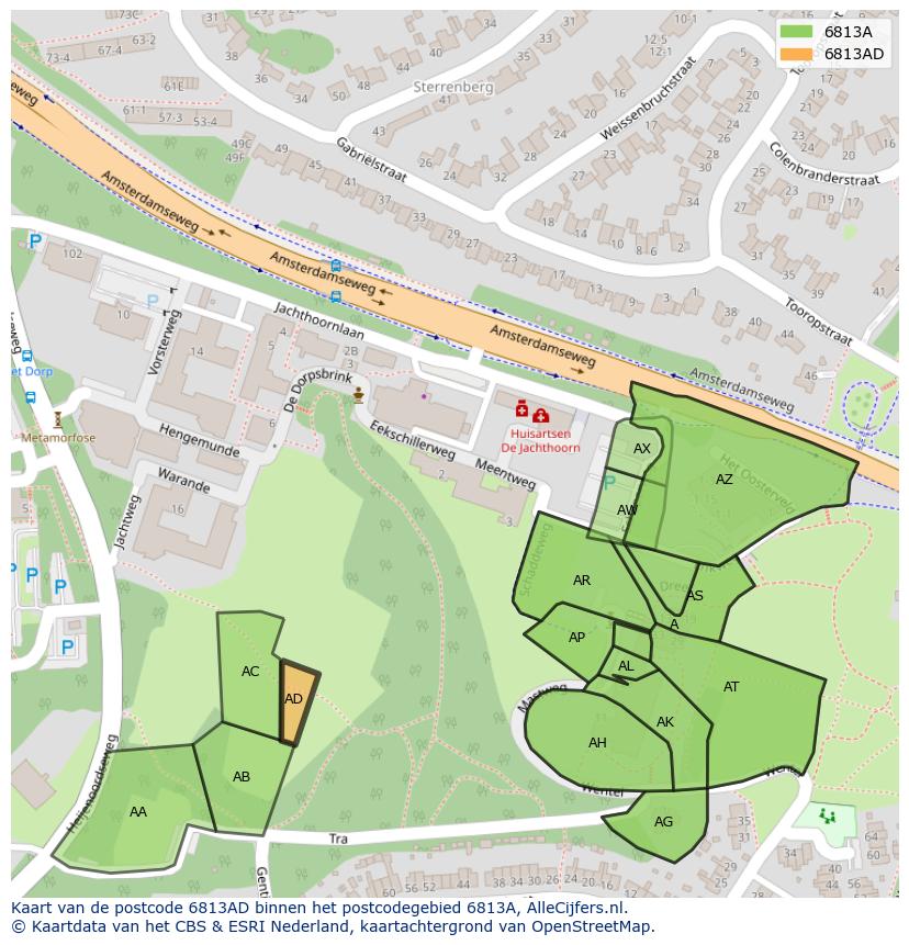Afbeelding van het postcodegebied 6813 AD op de kaart.