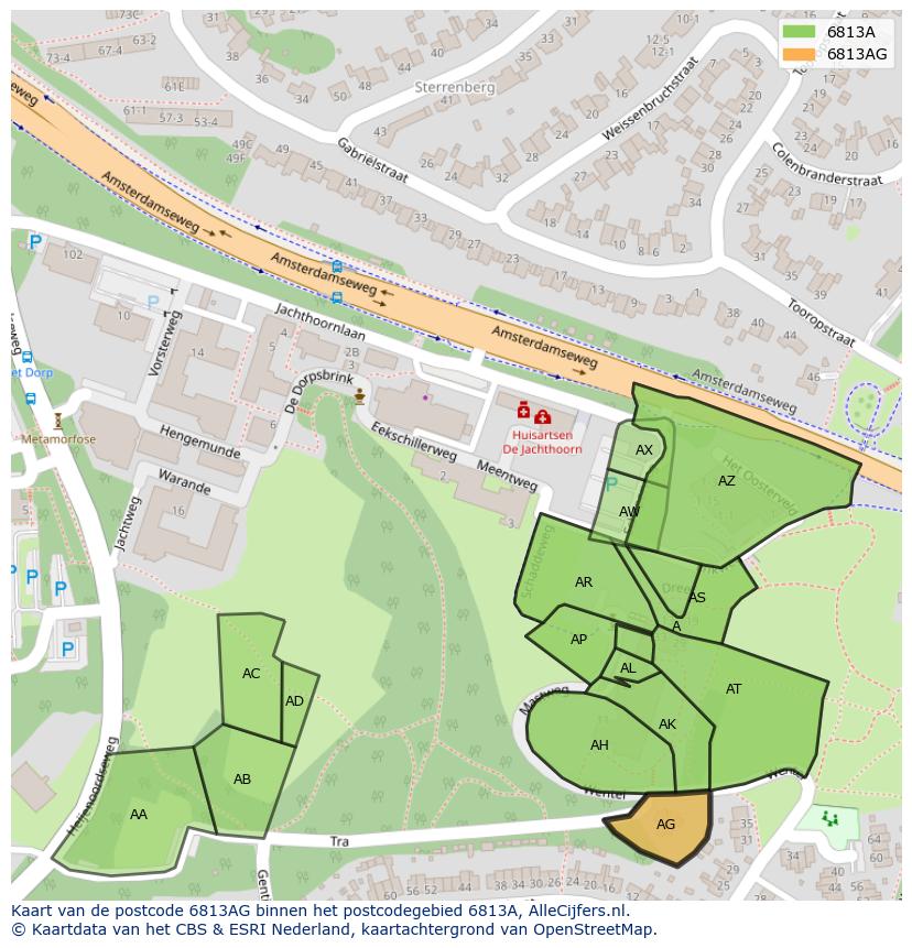 Afbeelding van het postcodegebied 6813 AG op de kaart.