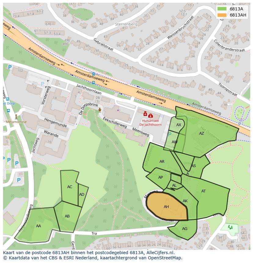 Afbeelding van het postcodegebied 6813 AH op de kaart.