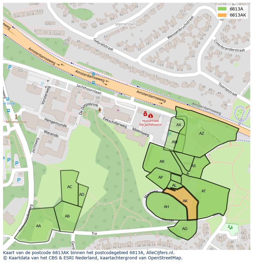 Afbeelding van het postcodegebied 6813 AK op de kaart.