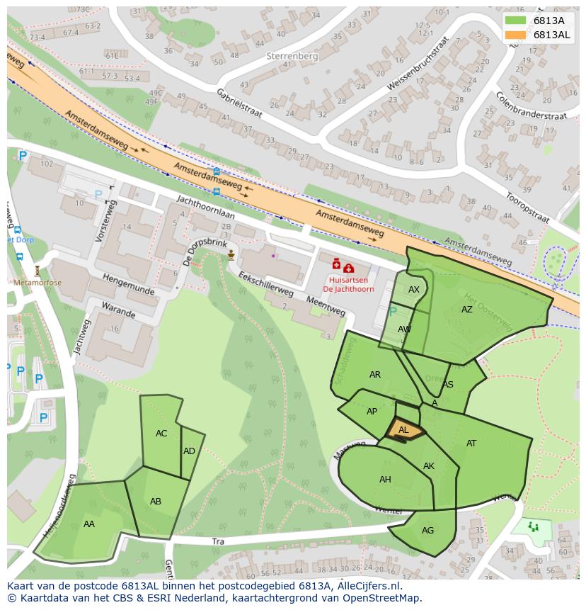 Afbeelding van het postcodegebied 6813 AL op de kaart.