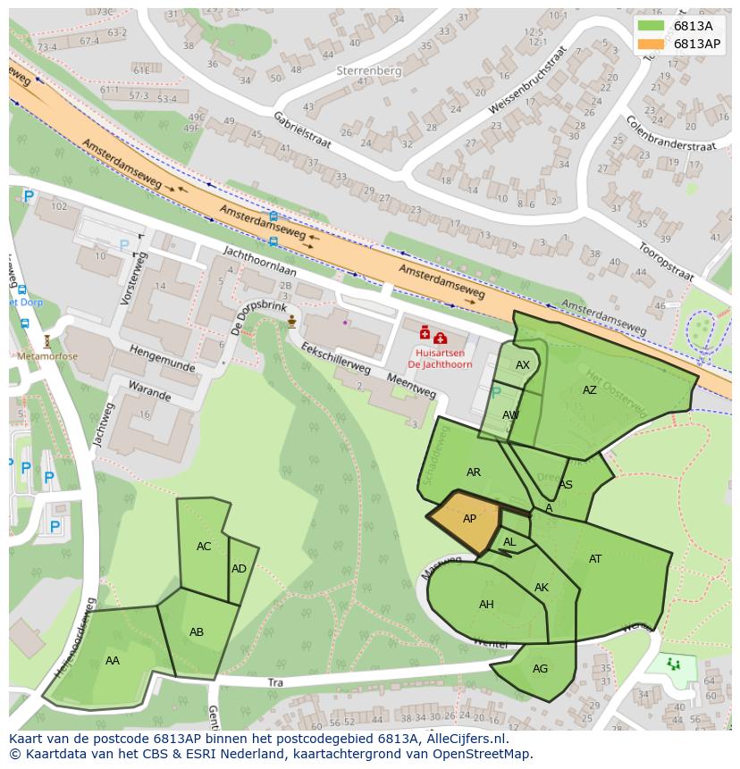 Afbeelding van het postcodegebied 6813 AP op de kaart.