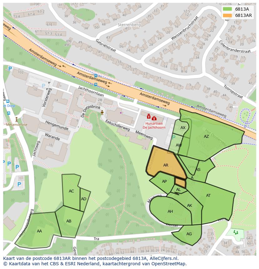 Afbeelding van het postcodegebied 6813 AR op de kaart.