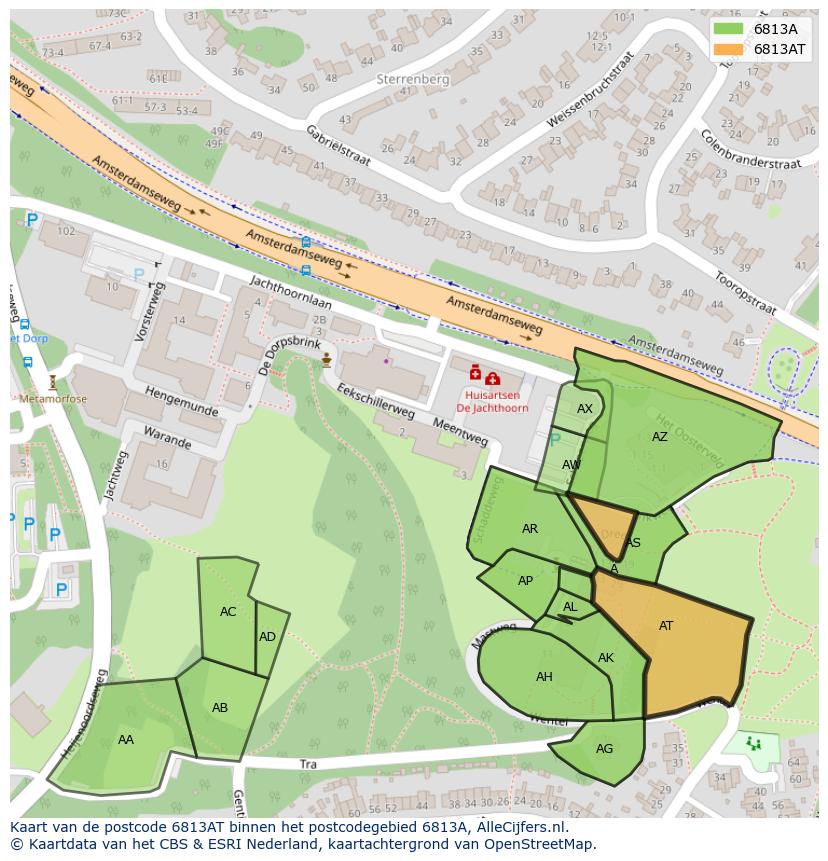 Afbeelding van het postcodegebied 6813 AT op de kaart.