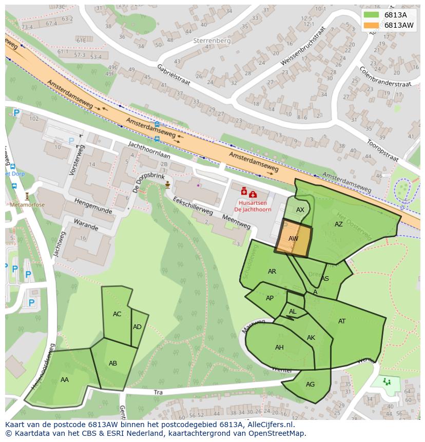 Afbeelding van het postcodegebied 6813 AW op de kaart.