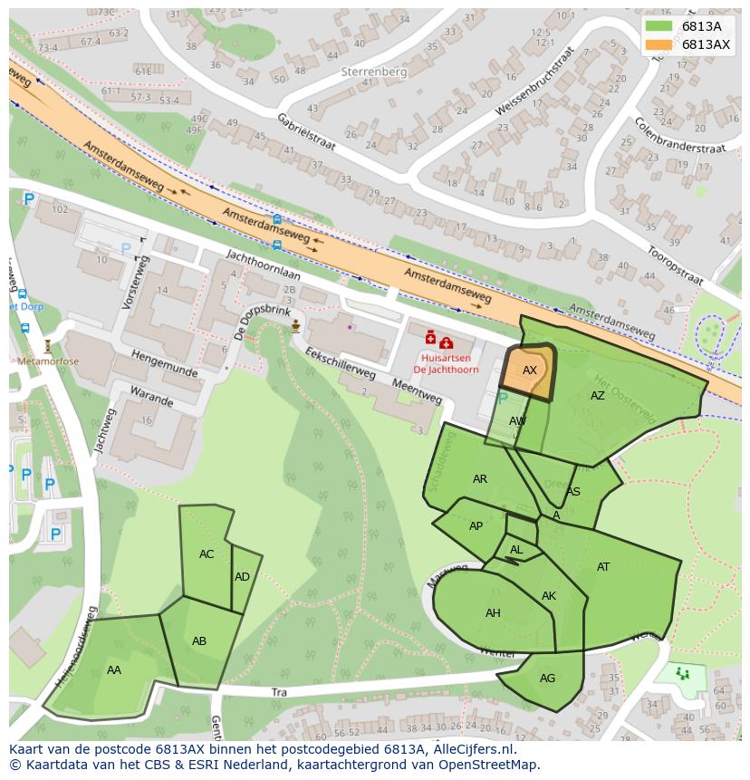 Afbeelding van het postcodegebied 6813 AX op de kaart.