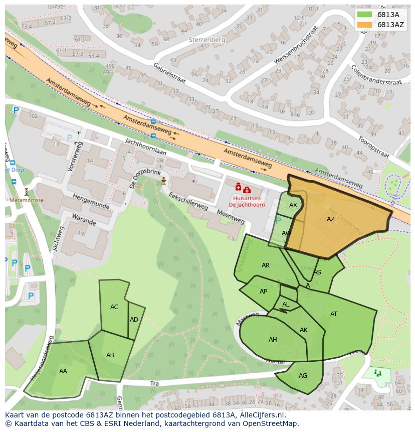 Afbeelding van het postcodegebied 6813 AZ op de kaart.