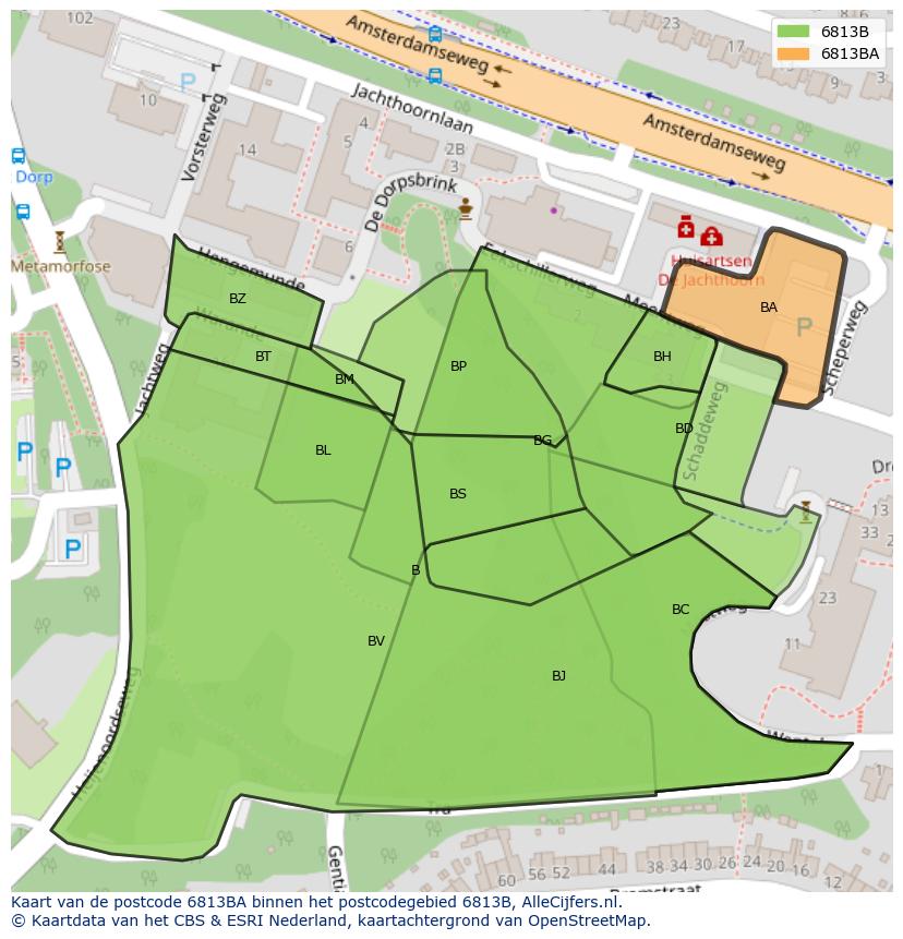 Afbeelding van het postcodegebied 6813 BA op de kaart.