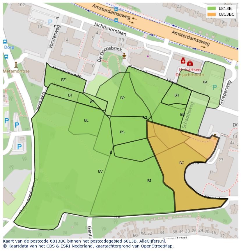 Afbeelding van het postcodegebied 6813 BC op de kaart.