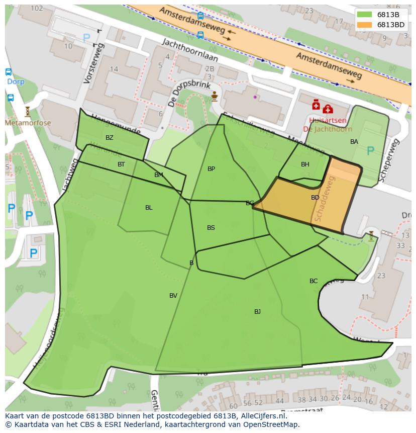 Afbeelding van het postcodegebied 6813 BD op de kaart.