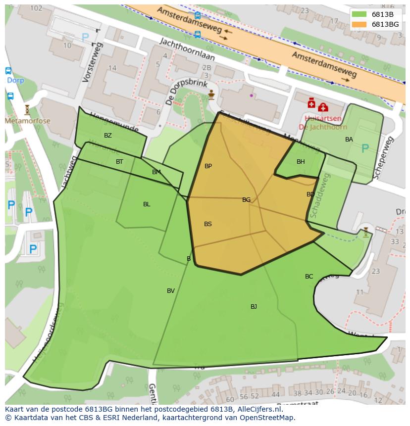 Afbeelding van het postcodegebied 6813 BG op de kaart.