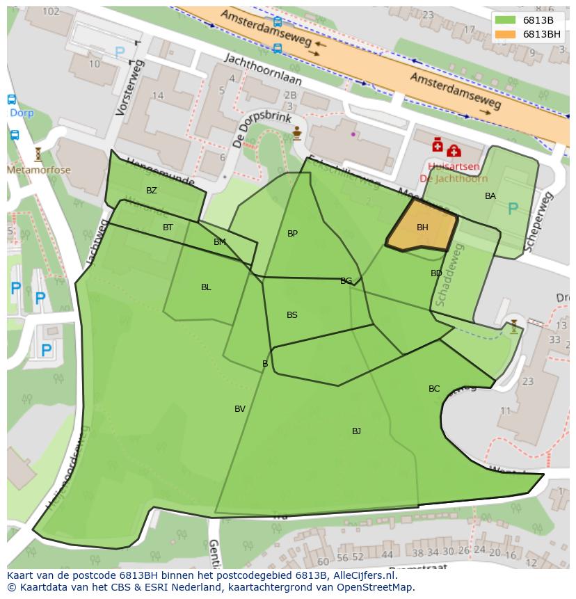 Afbeelding van het postcodegebied 6813 BH op de kaart.