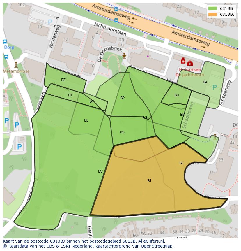 Afbeelding van het postcodegebied 6813 BJ op de kaart.