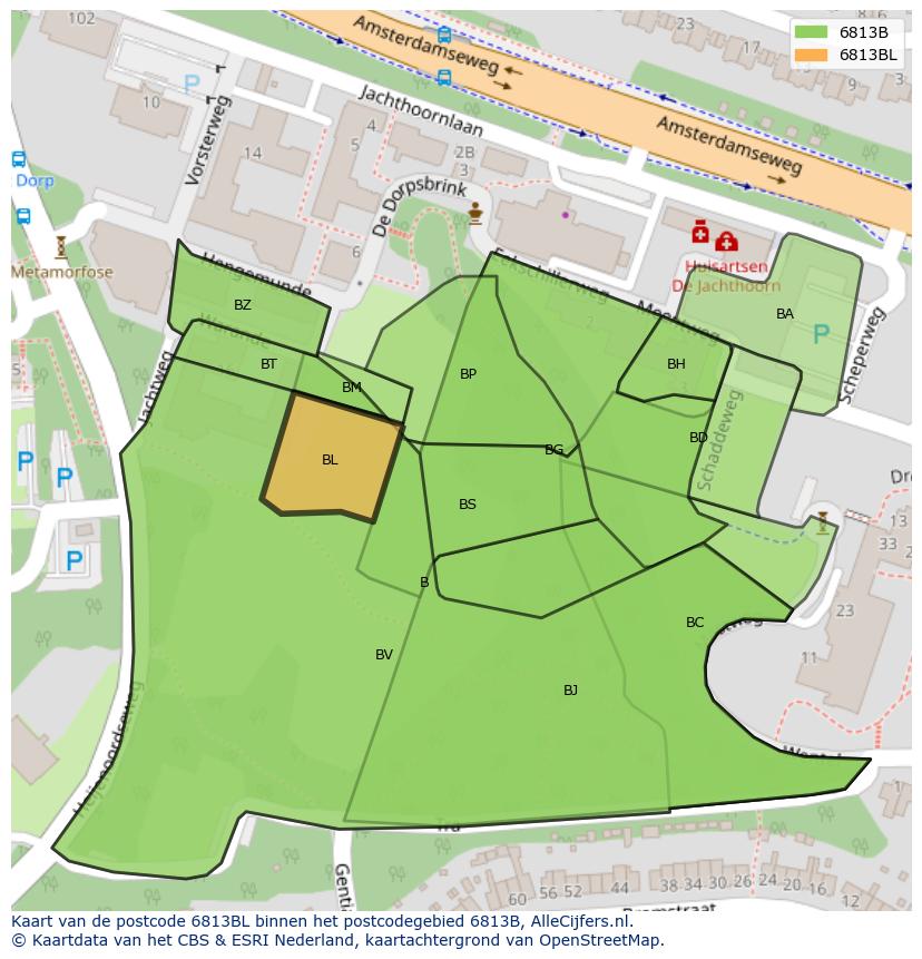 Afbeelding van het postcodegebied 6813 BL op de kaart.