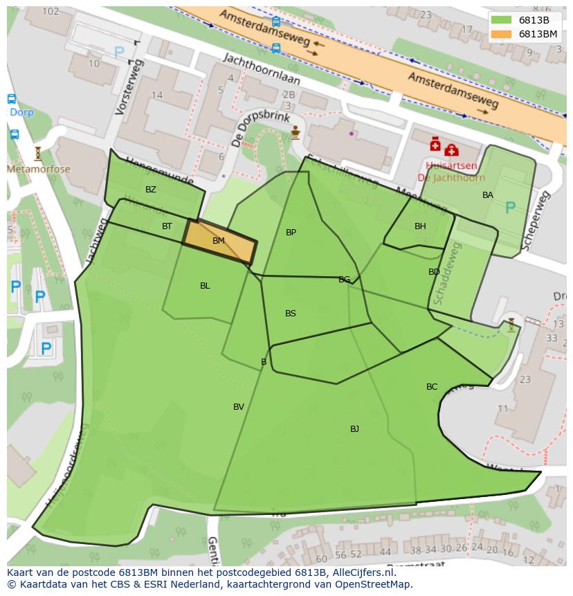 Afbeelding van het postcodegebied 6813 BM op de kaart.