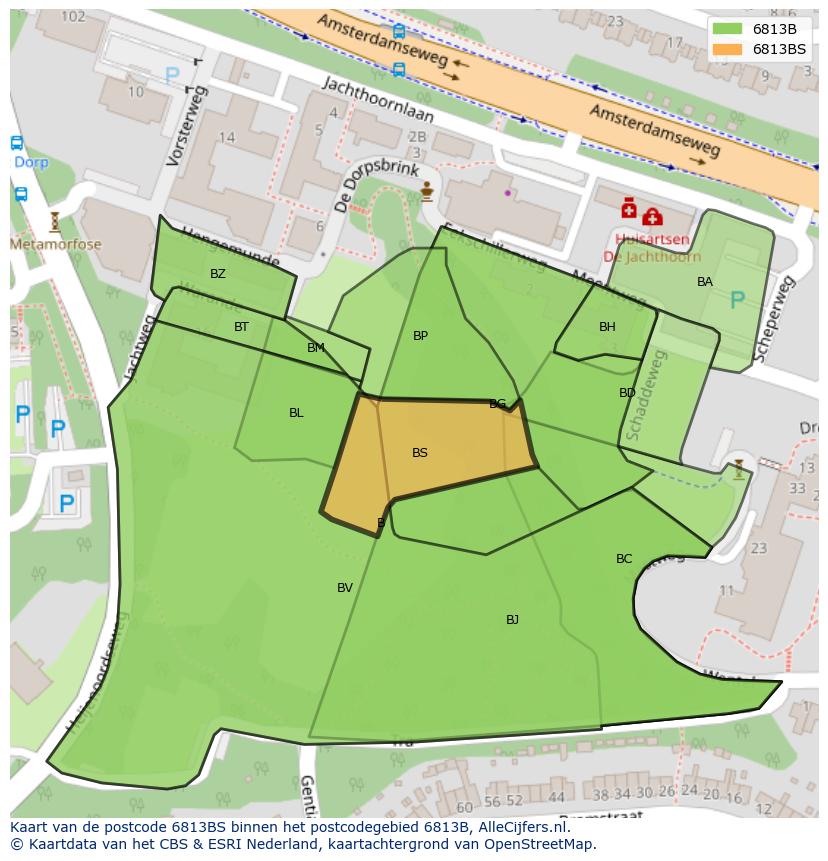 Afbeelding van het postcodegebied 6813 BS op de kaart.