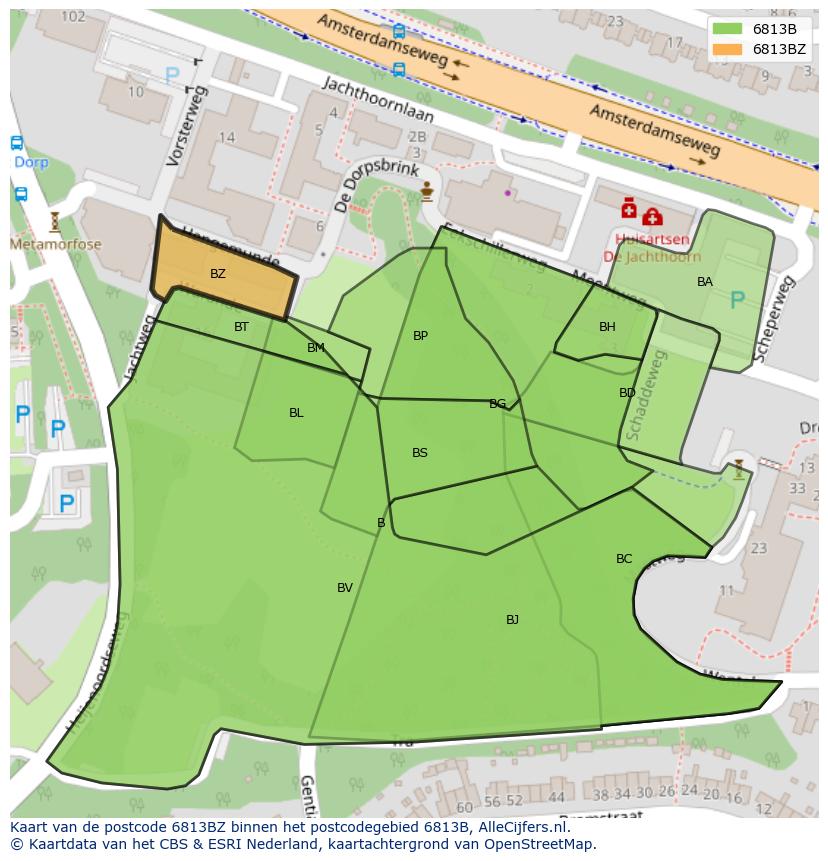 Afbeelding van het postcodegebied 6813 BZ op de kaart.