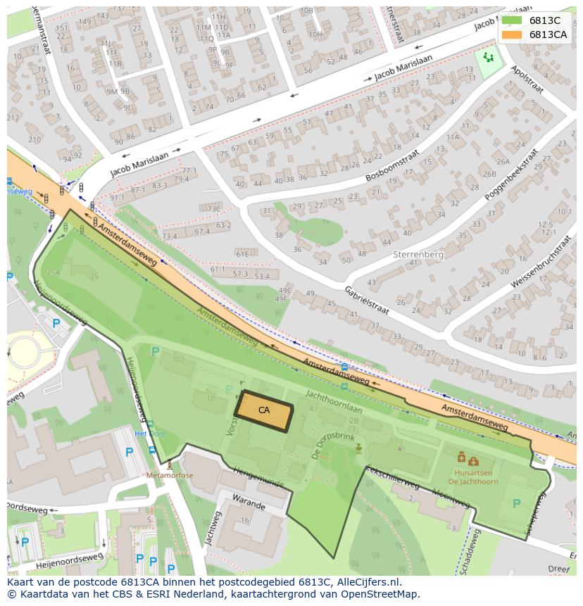 Afbeelding van het postcodegebied 6813 CA op de kaart.
