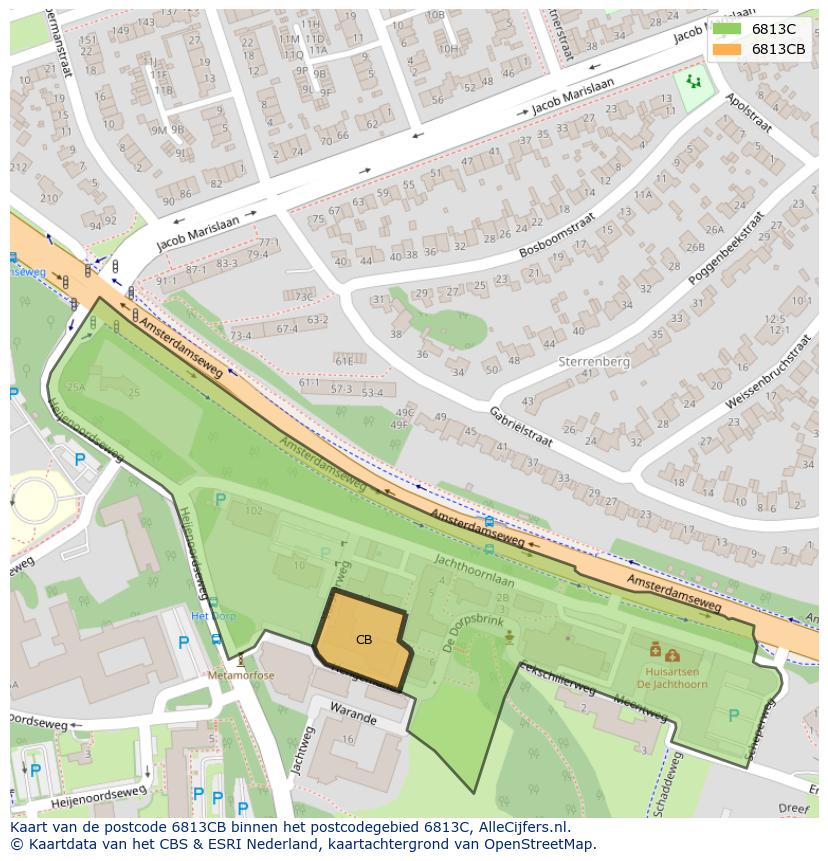 Afbeelding van het postcodegebied 6813 CB op de kaart.