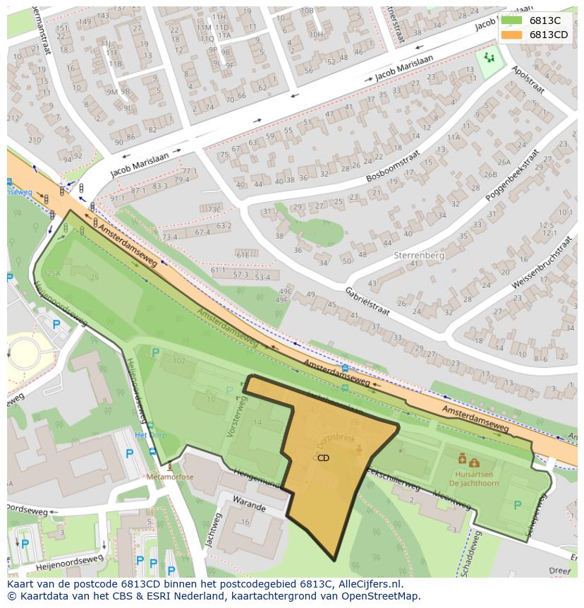 Afbeelding van het postcodegebied 6813 CD op de kaart.