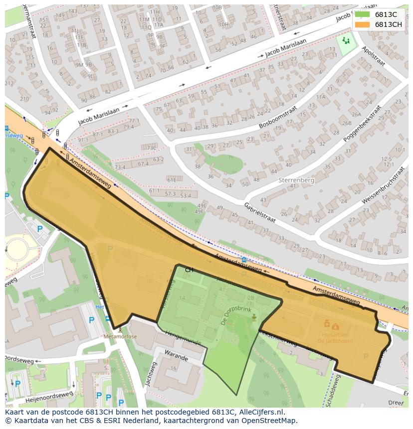 Afbeelding van het postcodegebied 6813 CH op de kaart.