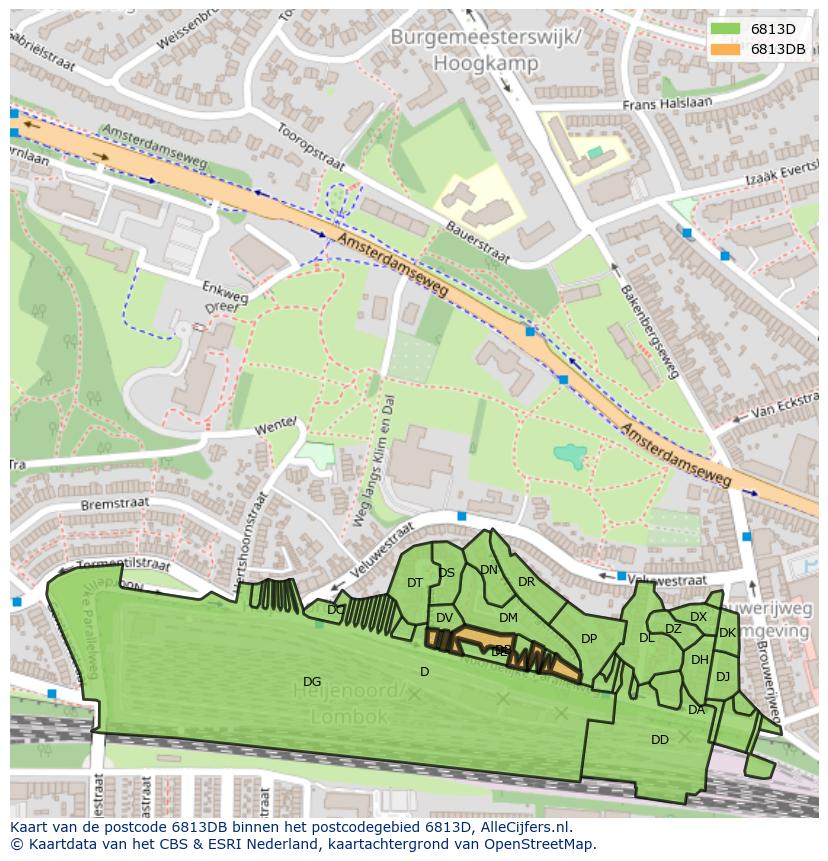 Afbeelding van het postcodegebied 6813 DB op de kaart.