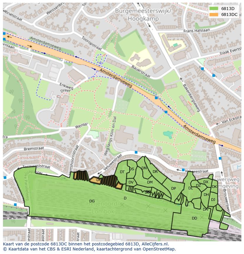 Afbeelding van het postcodegebied 6813 DC op de kaart.