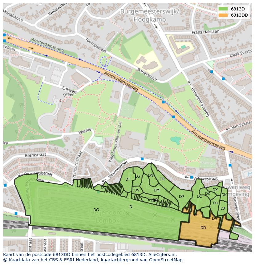 Afbeelding van het postcodegebied 6813 DD op de kaart.
