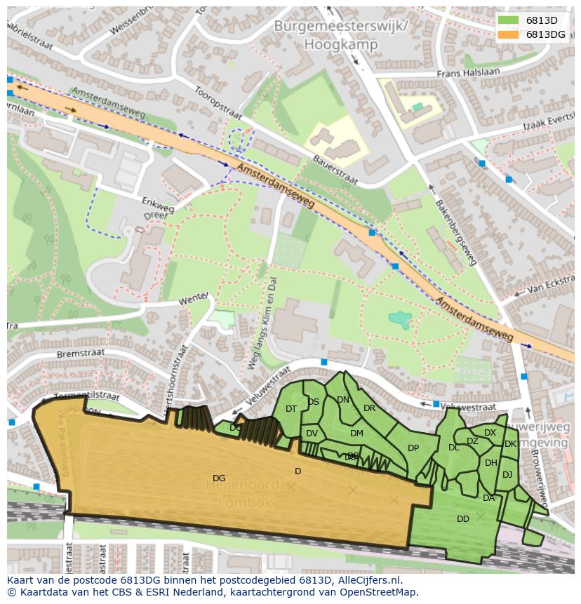 Afbeelding van het postcodegebied 6813 DG op de kaart.