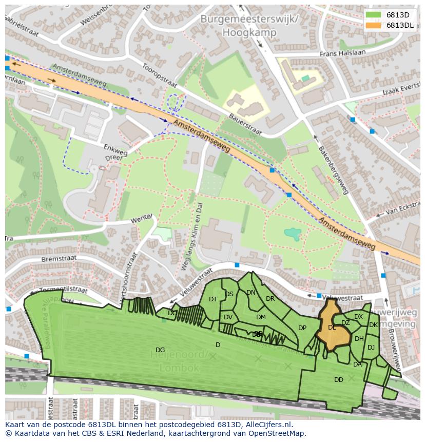 Afbeelding van het postcodegebied 6813 DL op de kaart.
