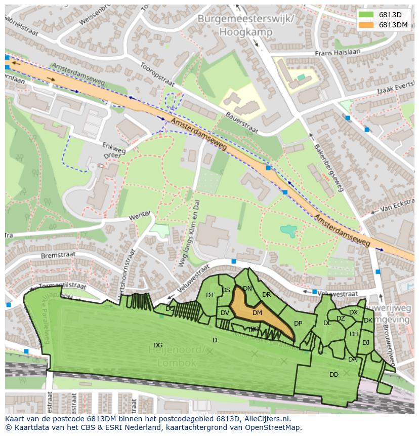 Afbeelding van het postcodegebied 6813 DM op de kaart.