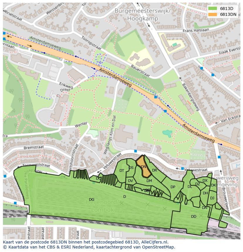 Afbeelding van het postcodegebied 6813 DN op de kaart.