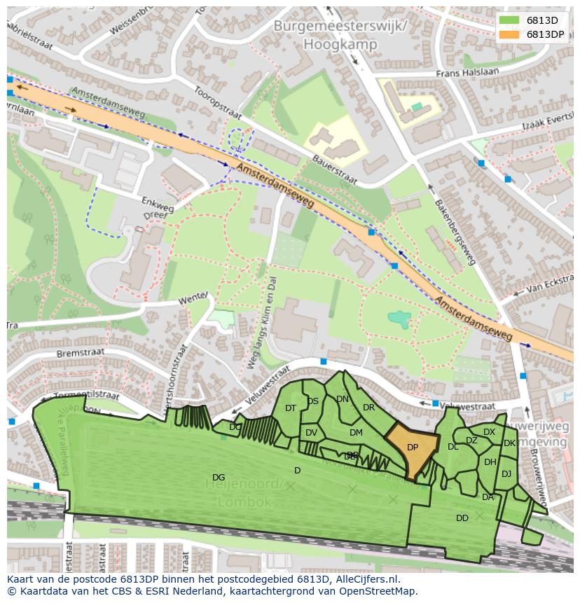 Afbeelding van het postcodegebied 6813 DP op de kaart.