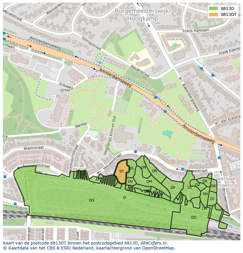 Afbeelding van het postcodegebied 6813 DT op de kaart.