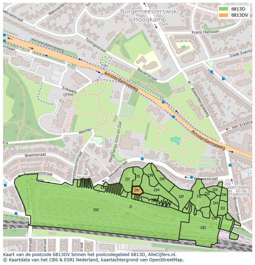 Afbeelding van het postcodegebied 6813 DV op de kaart.