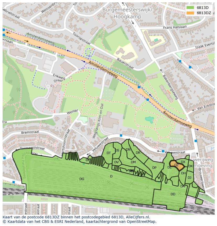 Afbeelding van het postcodegebied 6813 DZ op de kaart.