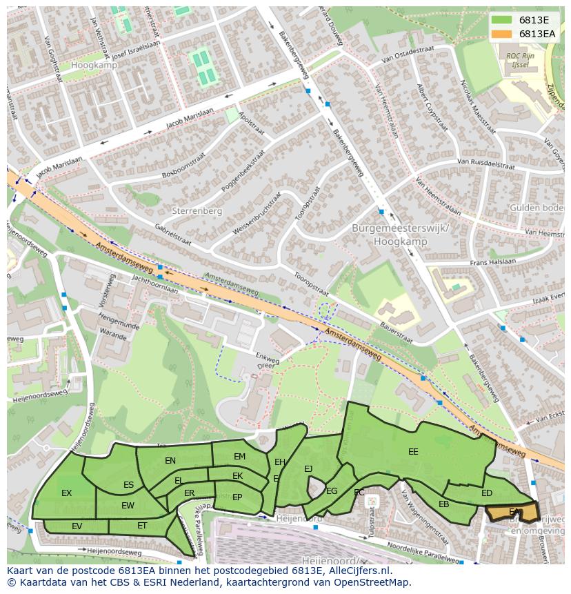 Afbeelding van het postcodegebied 6813 EA op de kaart.