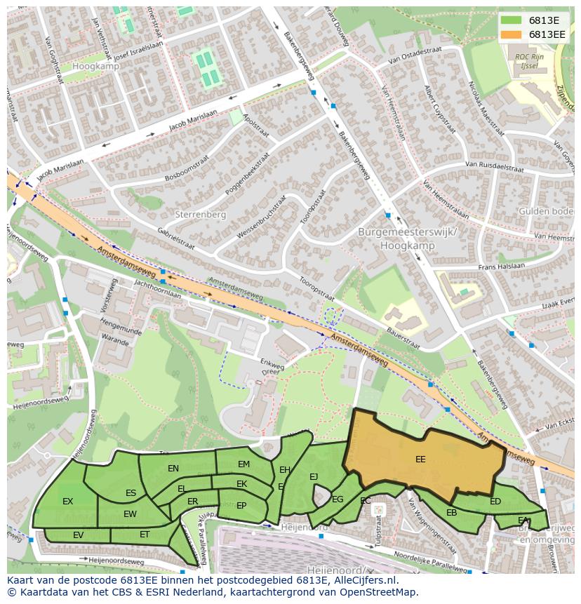 Afbeelding van het postcodegebied 6813 EE op de kaart.