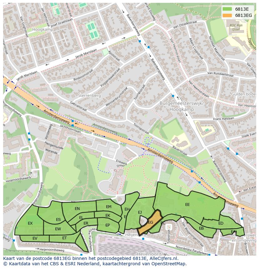 Afbeelding van het postcodegebied 6813 EG op de kaart.