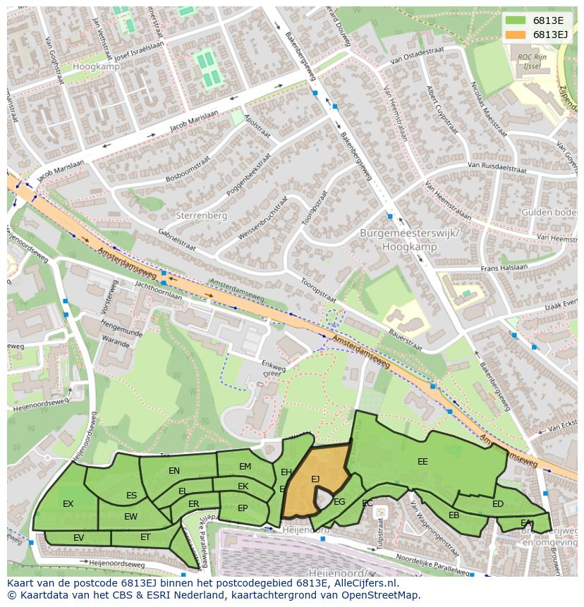 Afbeelding van het postcodegebied 6813 EJ op de kaart.