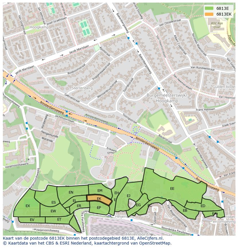 Afbeelding van het postcodegebied 6813 EK op de kaart.