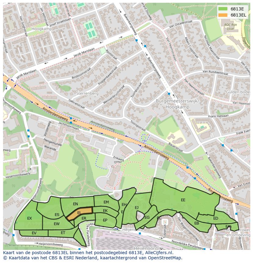 Afbeelding van het postcodegebied 6813 EL op de kaart.