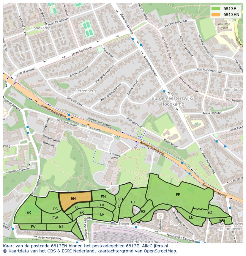 Afbeelding van het postcodegebied 6813 EN op de kaart.