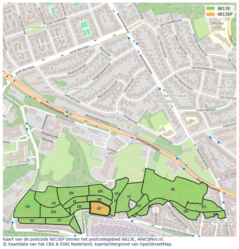 Afbeelding van het postcodegebied 6813 EP op de kaart.