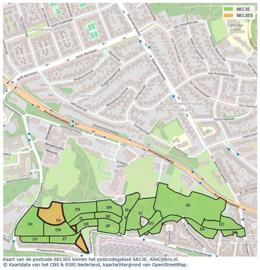 Afbeelding van het postcodegebied 6813 ES op de kaart.