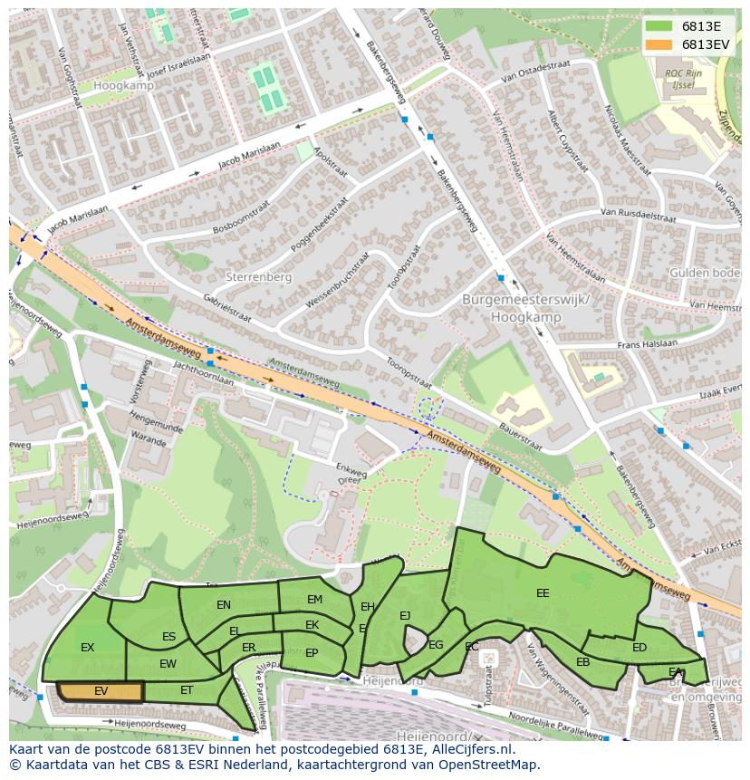 Afbeelding van het postcodegebied 6813 EV op de kaart.