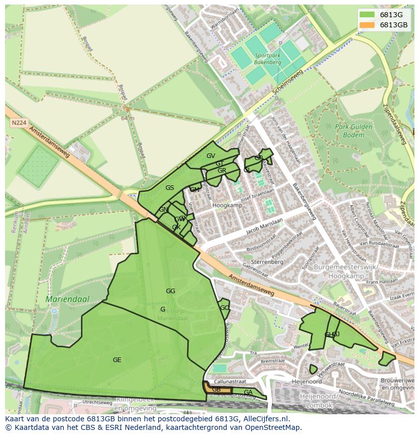 Afbeelding van het postcodegebied 6813 GB op de kaart.