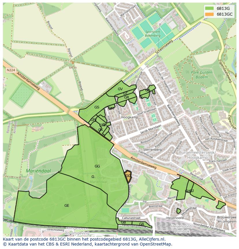 Afbeelding van het postcodegebied 6813 GC op de kaart.