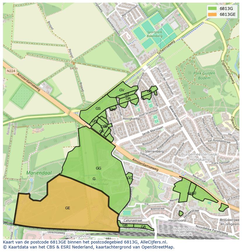 Afbeelding van het postcodegebied 6813 GE op de kaart.